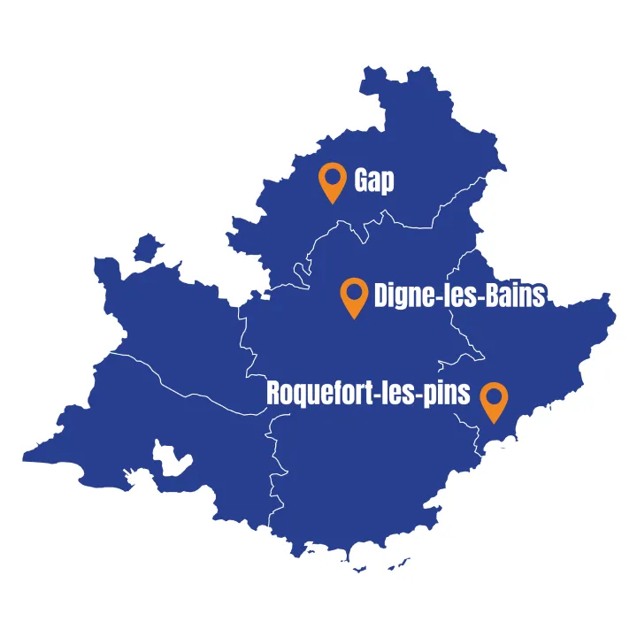 Carte de la région PACA indiquant la zone d’intervention d’Alpes Chauffage Confort.